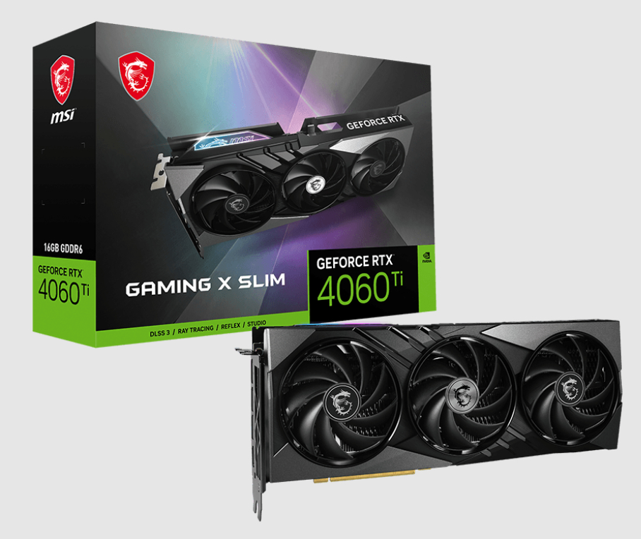  nVIDIA GeForce RTX 4060 Ti GAMING X SLIM 16G<br>Boost Clock: 2670 MHz, 1x HDMI/ 3x DP, Max Resolution: 7680 x 4320, 1x 8-Pin Connector, Recommended: 550W  
